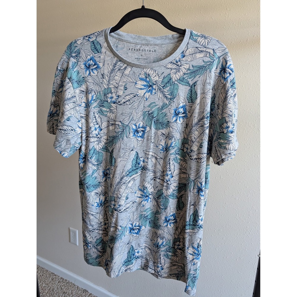 Aeropostale Mens Large Gray Blue Tropical Floral Palm Print Crewneck T-Shirt